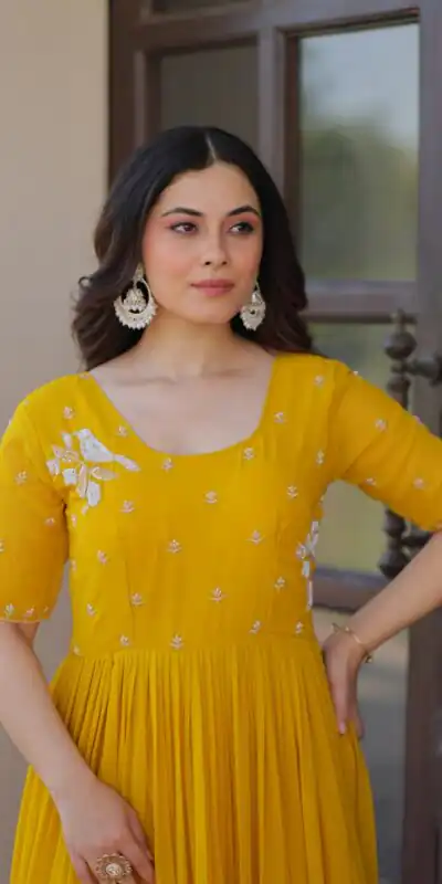 Yellow Faux Blooming Embroidery Bead Work Gown | Gowns, Bollywood Gowns, Creative Gowns, Designer Gowns, Embroidered Gowns, Party Wear Gowns