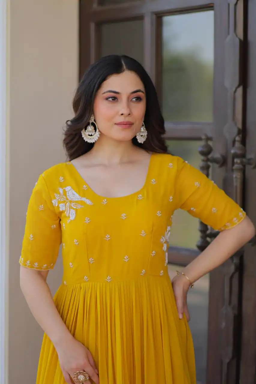 Yellow Faux Blooming Embroidery Bead Work Gown | Gowns, Bollywood Gowns, Creative Gowns, Designer Gowns, Embroidered Gowns, Party Wear Gowns