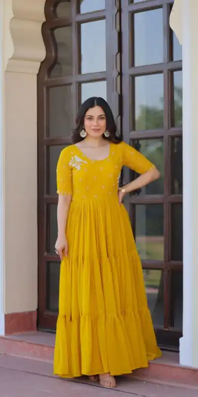 Yellow Faux Blooming Embroidery Bead Work Gown | Gowns, Bollywood Gowns, Creative Gowns, Designer Gowns, Embroidered Gowns, Party Wear Gowns