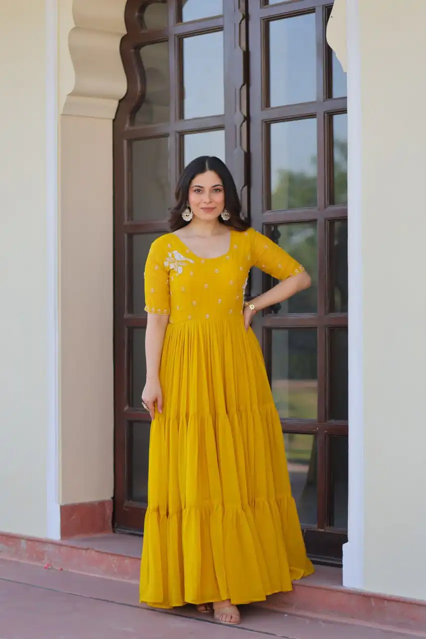 Yellow Faux Blooming Embroidery Bead Work Gown | Gowns, Bollywood Gowns, Creative Gowns, Designer Gowns, Embroidered Gowns, Party Wear Gowns