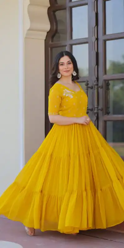 Yellow Faux Blooming Embroidery Bead Work Gown | Gowns, Bollywood Gowns, Creative Gowns, Designer Gowns, Embroidered Gowns, Party Wear Gowns