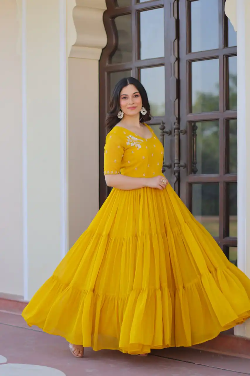 Yellow Faux Blooming Embroidery Bead Work Gown | Gowns, Bollywood Gowns, Creative Gowns, Designer Gowns, Embroidered Gowns, Party Wear Gowns