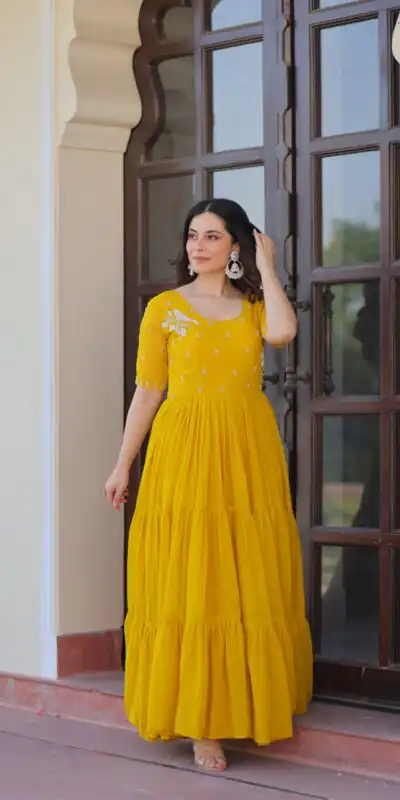 Yellow Faux Blooming Embroidery Bead Work Gown | Gowns, Bollywood Gowns, Creative Gowns, Designer Gowns, Embroidered Gowns, Party Wear Gowns