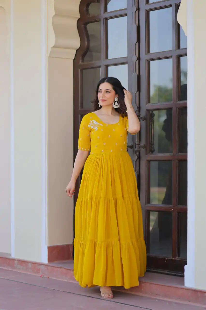 Yellow Faux Blooming Embroidery Bead Work Gown | Gowns, Bollywood Gowns, Creative Gowns, Designer Gowns, Embroidered Gowns, Party Wear Gowns