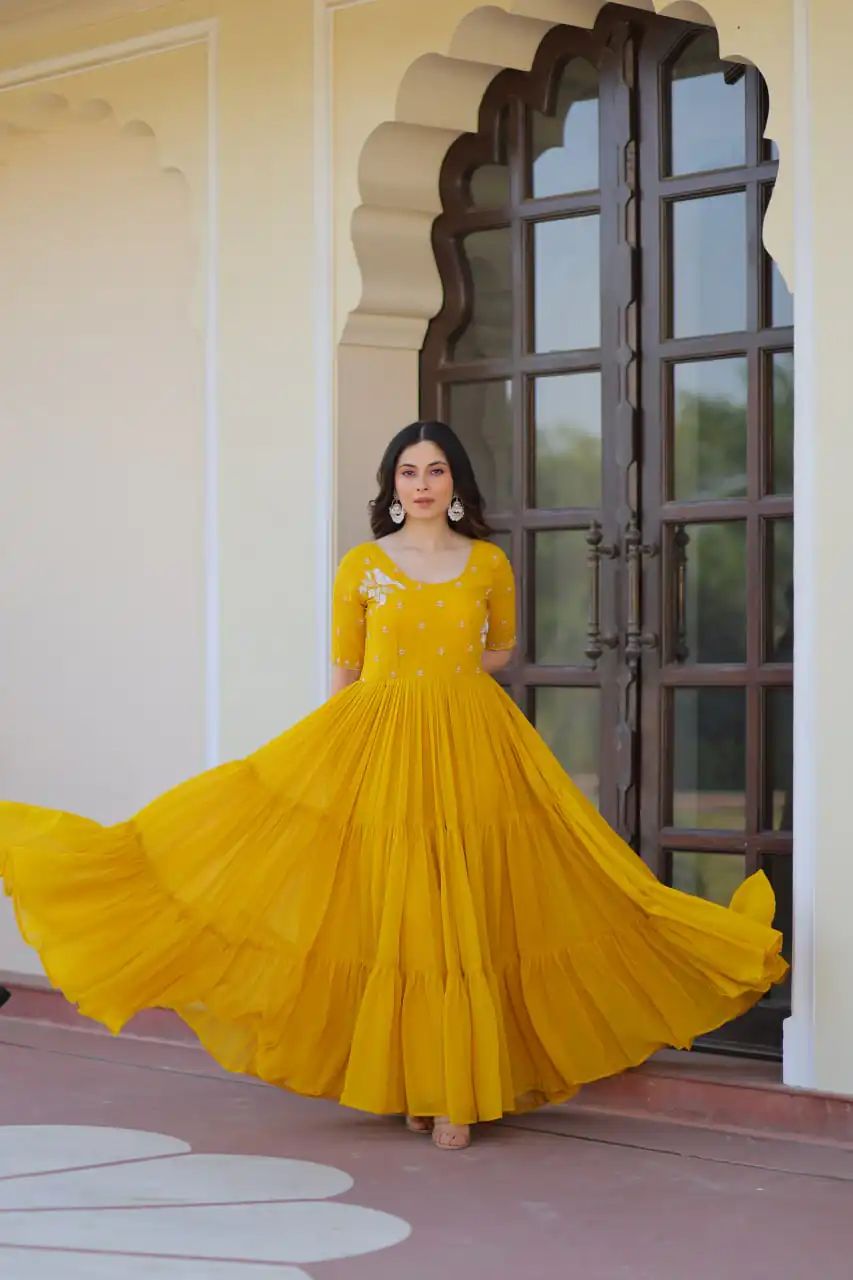 Yellow Faux Blooming Embroidery Bead Work Gown | Gowns, Bollywood Gowns, Creative Gowns, Designer Gowns, Embroidered Gowns, Party Wear Gowns
