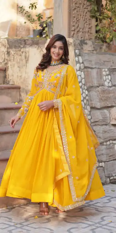 Yellow Faux Blooming Embroidery Zari Work Gown | Gowns, Bollywood Gowns, Creative Gowns, Designer Gowns, Embroidered Gowns, Party Wear Gowns