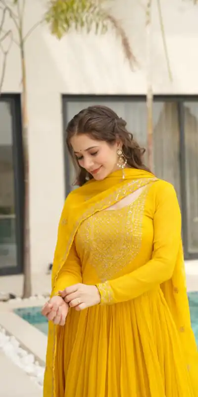Yellow Faux Blooming Sequins Zari Gown | Gowns, Bollywood Gowns, Creative Gowns, Designer Gowns, Embroidered Gowns, Party Wear Gowns