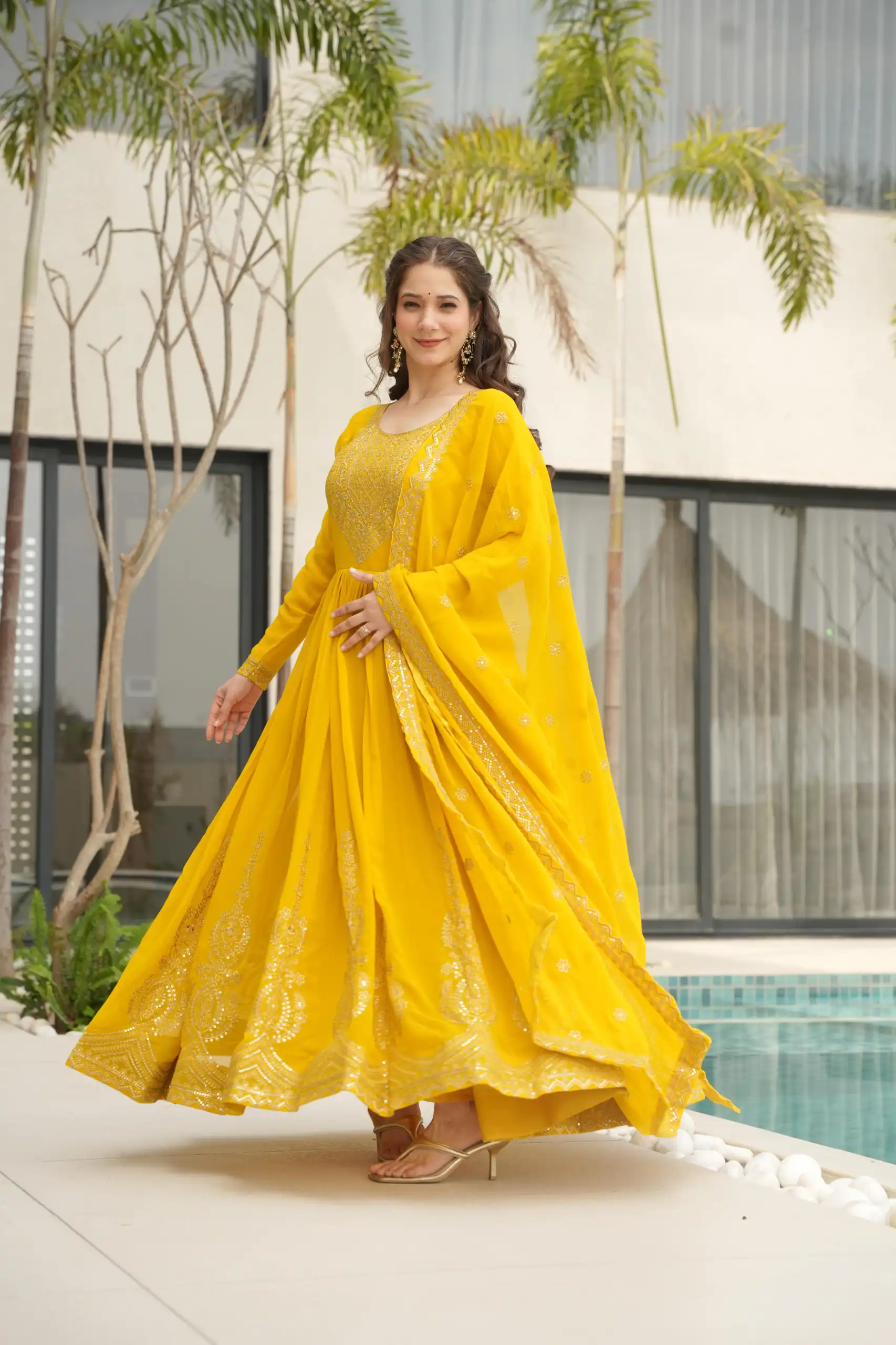 Yellow Faux Blooming Sequins Zari Gown | Gowns, Bollywood Gowns, Creative Gowns, Designer Gowns, Embroidered Gowns, Party Wear Gowns