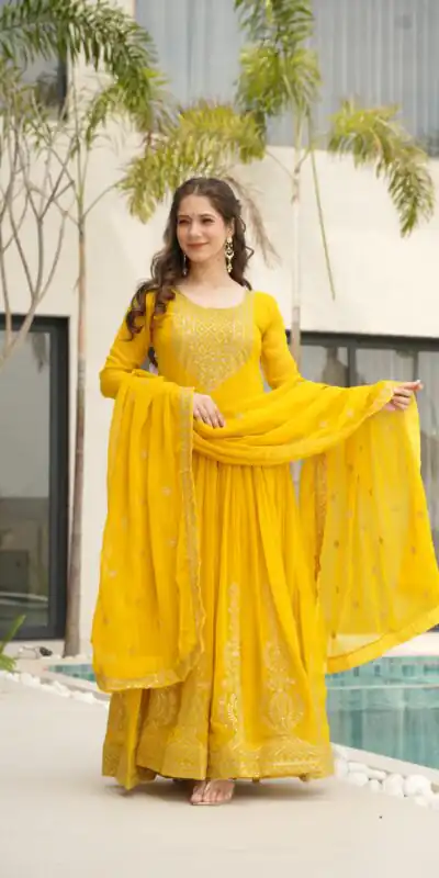 Yellow Faux Blooming Sequins Zari Gown | Gowns, Bollywood Gowns, Creative Gowns, Designer Gowns, Embroidered Gowns, Party Wear Gowns