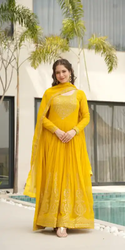 Yellow Faux Blooming Sequins Zari Gown | Gowns, Bollywood Gowns, Creative Gowns, Designer Gowns, Embroidered Gowns, Party Wear Gowns