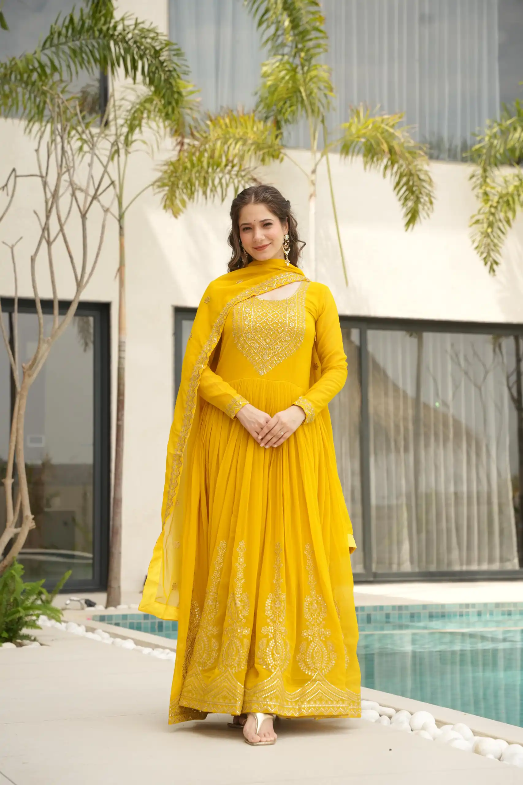 Yellow Faux Blooming Sequins Zari Gown | Gowns, Bollywood Gowns, Creative Gowns, Designer Gowns, Embroidered Gowns, Party Wear Gowns
