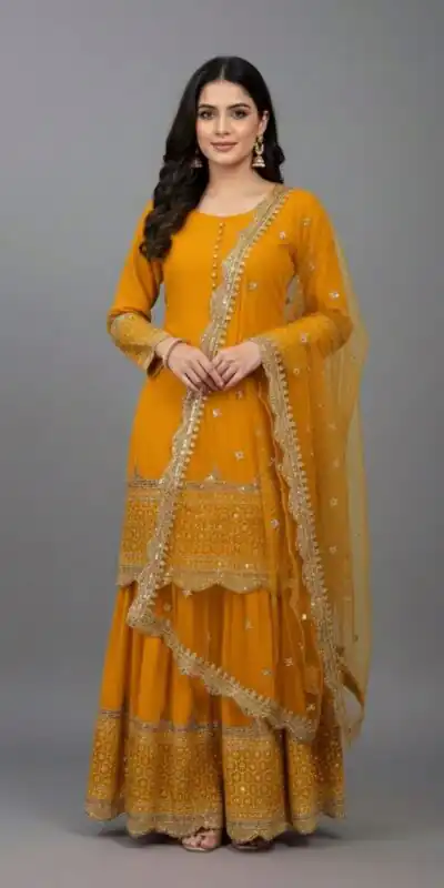 Yellow Faux Georgette Embroider Salwar Suit | Jump Suits, Salwar suit, Casual Suits, Creative suits, Designer Suits, Palazzo Suits, Party Wear Suits, Patiala Suits, Straight Suits