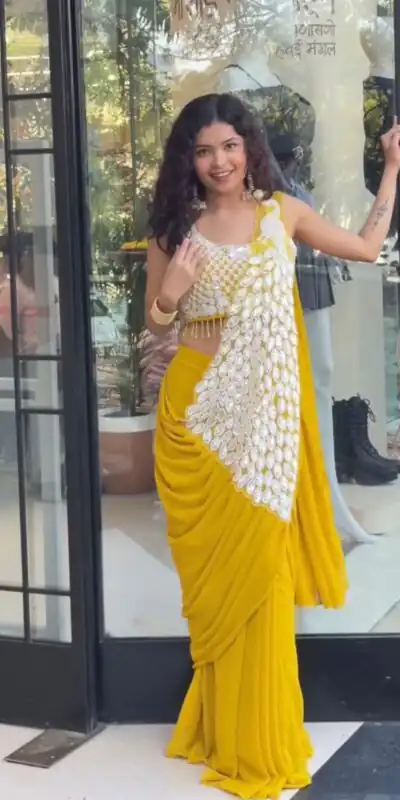 Yellow Faux Georgette Embroidery Sequins Work Saree | Sarees, Bollywood Sarees, Creative Sarees, Designer Sarees, Embroidered Sarees, Ethnic Saree, Modern Digital sarees, Party Wear Sarees