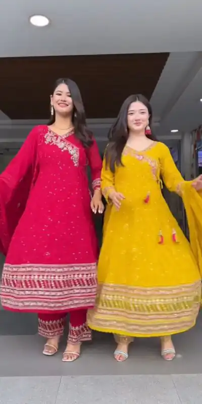 Yellow Faux Georgette Embroidery Work Salwar Suit | Jump Suits, Tops & Bottoms, Track Suits, Salwar suit, Casual Suits, Creative suits, Designer Suits, Palazzo Suits, Party Wear Suits, Patiala Suits, Straight Suits, Trendy Wear