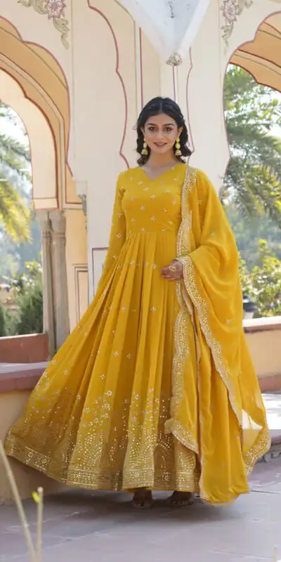 Yellow Faux Georgette Embroidery Zari Work Gown | Gowns, Bollywood Gowns, Creative Gowns, Designer Gowns, Embroidered Gowns, Party Wear Gowns