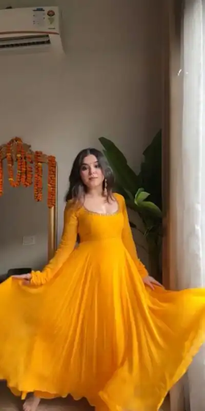 Yellow Faux Georgette Lace Work Gown | Gowns, Bollywood Gowns, Creative Gowns, Designer Gowns, Embroidered Gowns, Party Wear Gowns