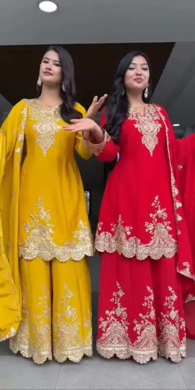 Yellow Faux Georgette Thread Work Salwar Suit | Jump Suits, Salwar suit, Casual Suits, Creative suits, Designer Suits, Palazzo Suits, Party Wear Suits, Patiala Suits, Straight Suits