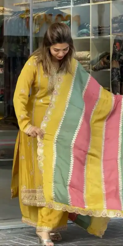 Yellow Faux Georgette With Embroidery Sequence Work Salwar Suit | Jump Suits, Salwar suit, Casual Suits, Creative suits, Designer Suits, Palazzo Suits, Party Wear Suits, Patiala Suits, Straight Suits