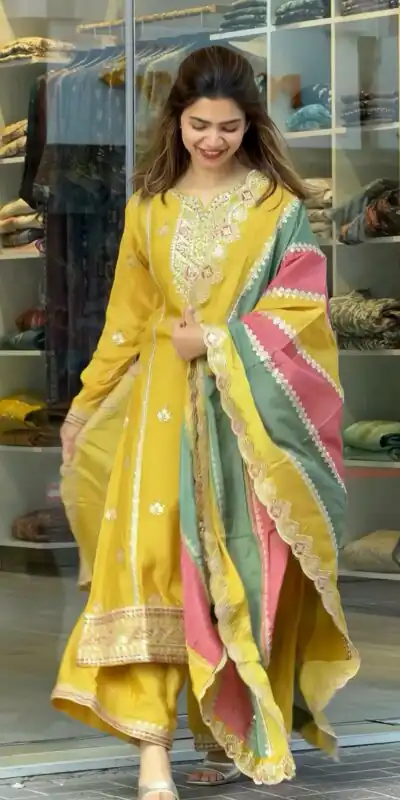 Yellow Faux Georgette With Embroidery Sequence Work Salwar Suit | Jump Suits, Salwar suit, Casual Suits, Creative suits, Designer Suits, Palazzo Suits, Party Wear Suits, Patiala Suits, Straight Suits