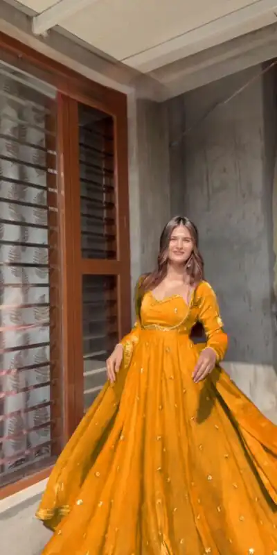 Yellow Fendy Silk Lace Work Gown | Gowns, Bollywood Gowns, Creative Gowns, Designer Gowns, Embroidered Gowns, Party Wear Gowns