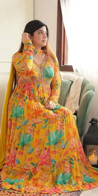 Yellow Foix Georgette Sequence Work With Gown | Gowns, Bollywood Gowns, Creative Gowns, Designer Gowns, Embroidered Gowns, Party Wear Gowns