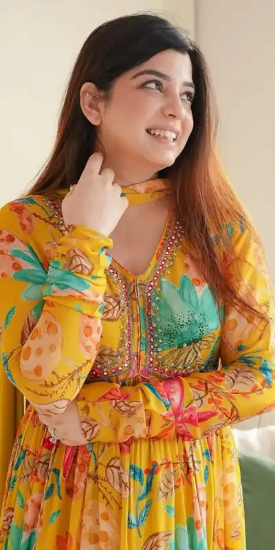 Yellow Foix Georgette Sequence Work With Gown | Gowns, Bollywood Gowns, Creative Gowns, Designer Gowns, Embroidered Gowns, Party Wear Gowns