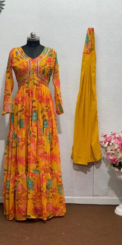 Yellow Foix Georgette Sequence Work With Gown | Gowns, Bollywood Gowns, Creative Gowns, Designer Gowns, Embroidered Gowns, Party Wear Gowns