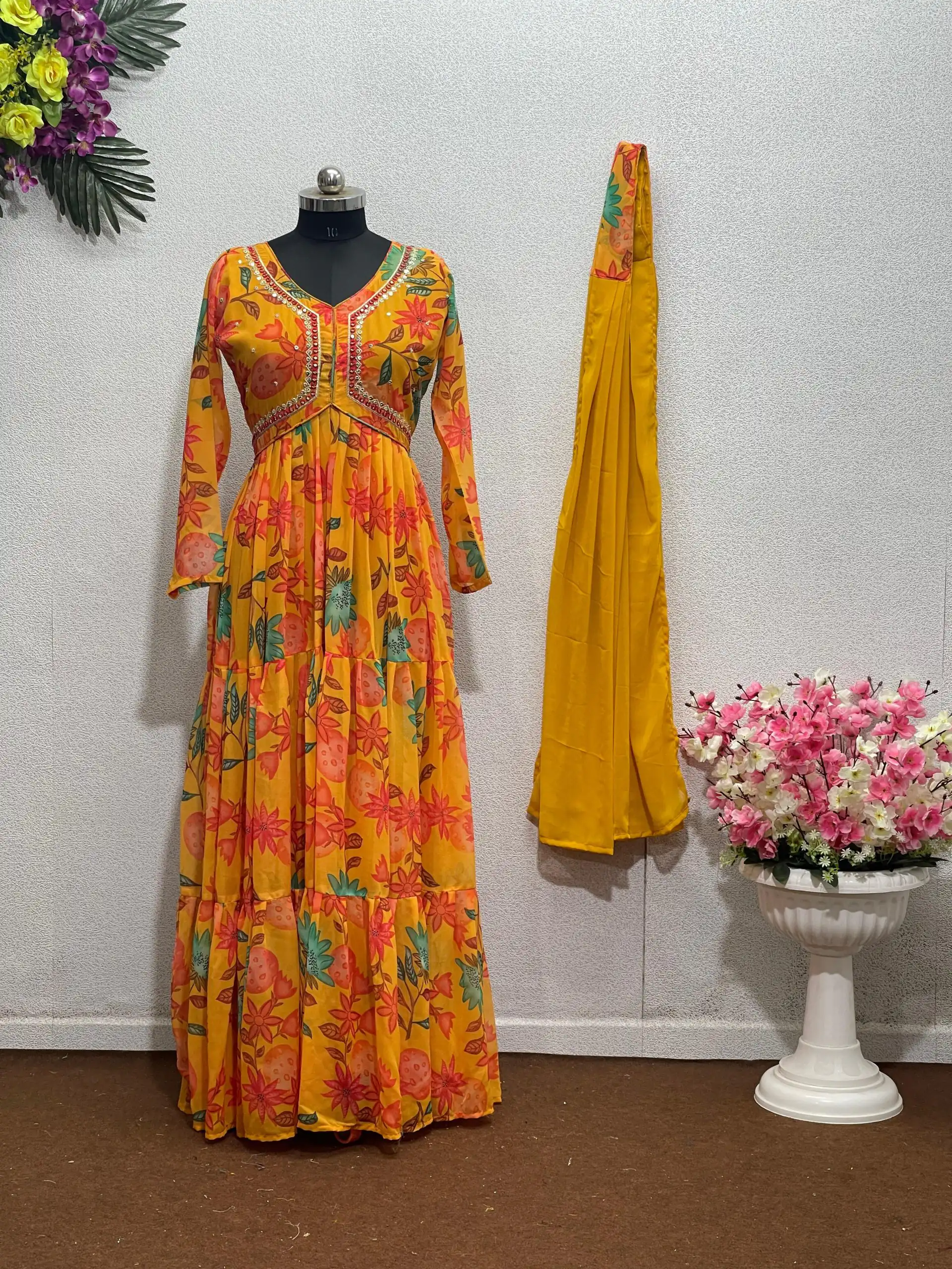 Yellow Foix Georgette Sequence Work With Gown | Gowns, Bollywood Gowns, Creative Gowns, Designer Gowns, Embroidered Gowns, Party Wear Gowns