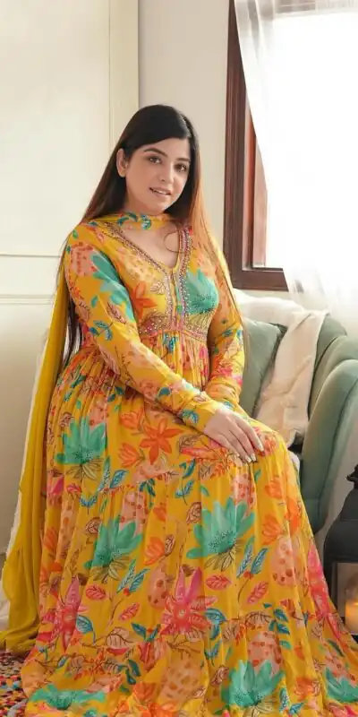 Yellow Foix Georgette Sequence Work With Gown | Gowns, Bollywood Gowns, Creative Gowns, Designer Gowns, Embroidered Gowns, Party Wear Gowns