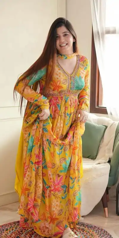 Yellow Foix Georgette Sequence Work With Gown | Gowns, Bollywood Gowns, Creative Gowns, Designer Gowns, Embroidered Gowns, Party Wear Gowns