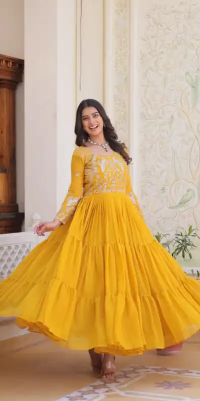 Yellow Fox Georgette Sequence Work Gown | Gowns, Bollywood Gowns, Creative Gowns, Designer Gowns, Embroidered Gowns, Party Wear Gowns