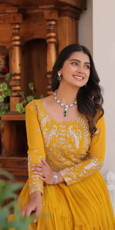Yellow Fox Georgette Sequence Work Gown | Gowns, Bollywood Gowns, Creative Gowns, Designer Gowns, Embroidered Gowns, Party Wear Gowns