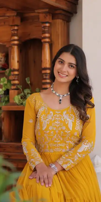 Yellow Fox Georgette Sequence Work Gown | Gowns, Bollywood Gowns, Creative Gowns, Designer Gowns, Embroidered Gowns, Party Wear Gowns