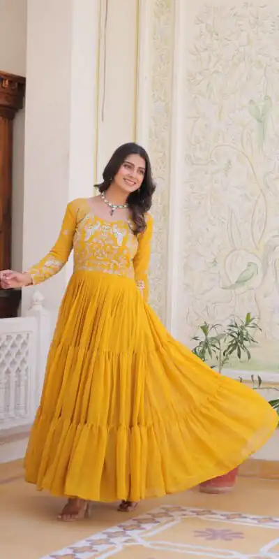 Yellow Fox Georgette Sequence Work Gown | Gowns, Bollywood Gowns, Creative Gowns, Designer Gowns, Embroidered Gowns, Party Wear Gowns