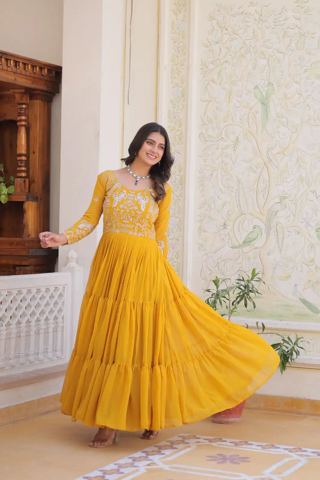 Yellow Fox Georgette Sequence Work Gown | Gowns, Bollywood Gowns, Creative Gowns, Designer Gowns, Embroidered Gowns, Party Wear Gowns
