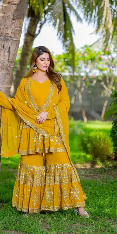 Yellow Georgette 7mm Sequence Work Salwar Suit | Jump Suits, Salwar suit, Casual Suits, Creative suits, Designer Suits, Palazzo Suits, Party Wear Suits, Patiala Suits, Straight Suits