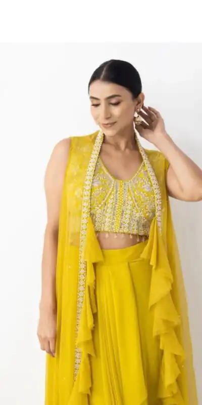 Yellow Georgette Beads Sequence Work Lace Dhoti Suit | Jump Suits, Salwar suit, Casual Suits, Creative suits, Designer Suits, Palazzo Suits, Party Wear Suits, Patiala Suits, Straight Suits