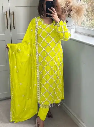 Yellow Georgette Embroidered Hand Work Salwar Suit | Jump Suits, Salwar suit, Casual Suits, Creative suits, Designer Suits, Palazzo Suits, Party Wear Suits, Patiala Suits, Straight Suits