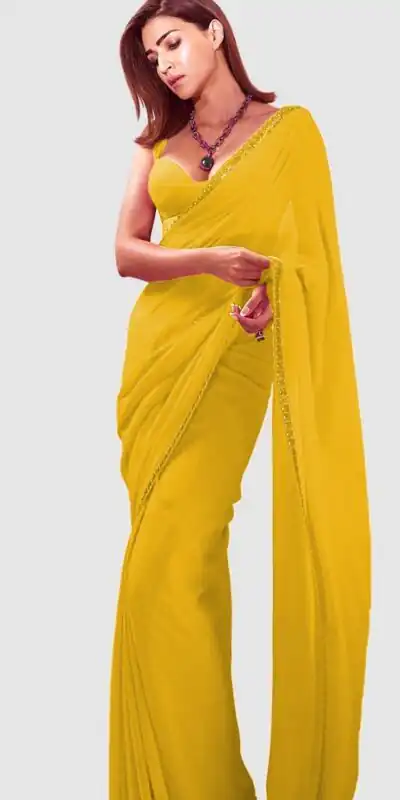 Yellow Georgette Embroidery Dual Sequence Saree | Sarees, Bollywood Sarees, Creative Sarees, Designer Sarees, Embroidered Sarees, Ethnic Saree, Modern Digital sarees, Party Wear Sarees