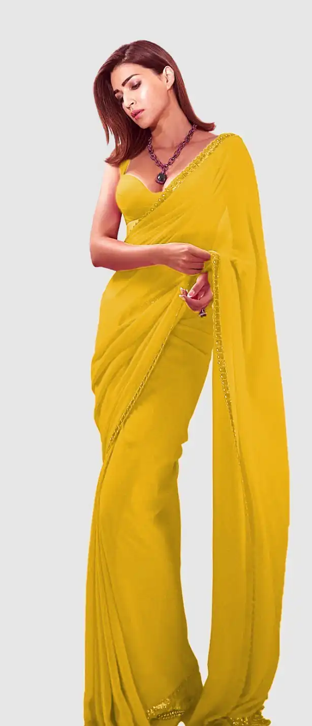 Yellow Georgette Embroidery Dual Sequence Saree | Sarees, Bollywood Sarees, Creative Sarees, Designer Sarees, Embroidered Sarees, Ethnic Saree, Modern Digital sarees, Party Wear Sarees