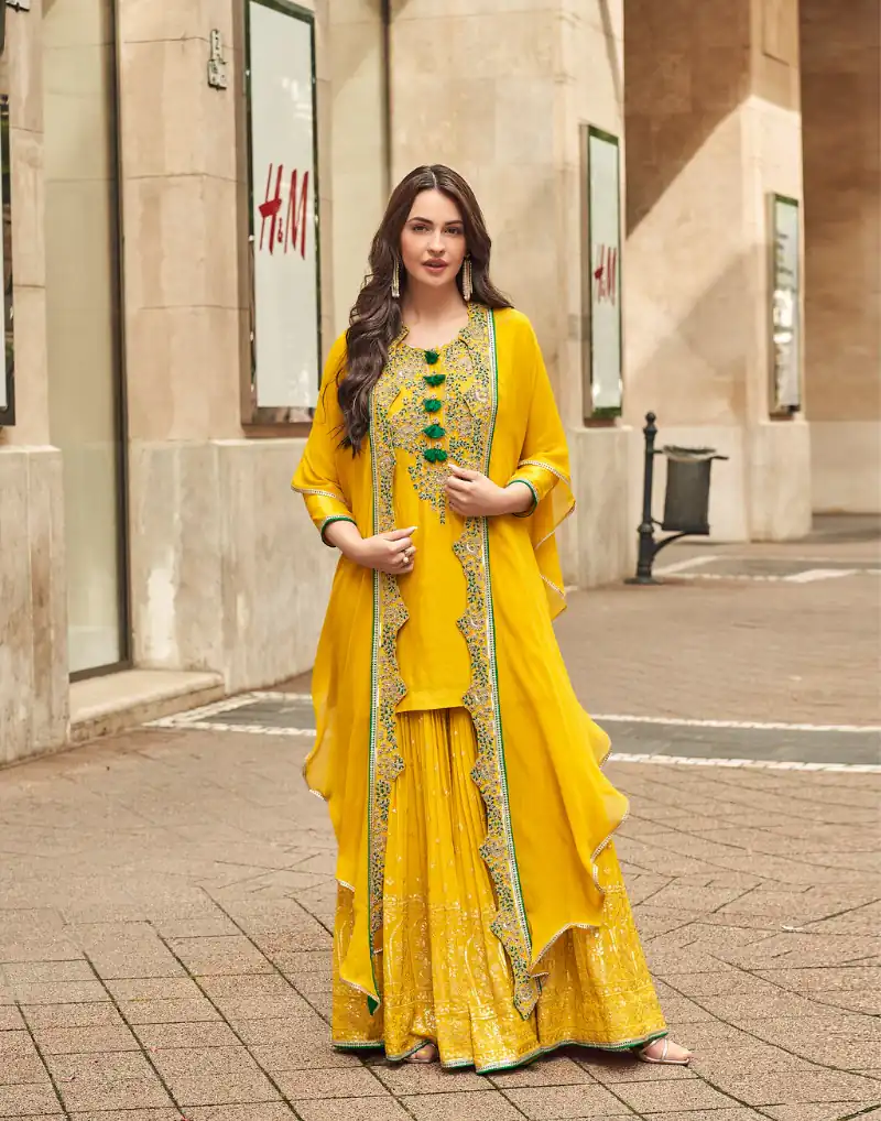 Yellow Georgette Embroidery Lace Work Salwar Suit | Jump Suits, Salwar suit, Casual Suits, Creative suits, Designer Suits, Palazzo Suits, Party Wear Suits, Patiala Suits, Straight Suits