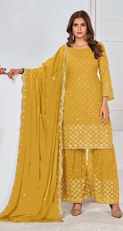 Yellow Georgette Embroidery Stone Work Sharara Suit | Jump Suits, Salwar suit, Casual Suits, Creative suits, Designer Suits, Palazzo Suits, Party Wear Suits, Patiala Suits, Straight Suits
