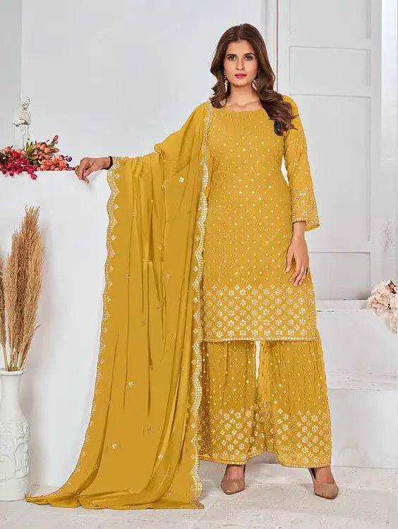 Yellow Georgette Embroidery Stone Work Sharara Suit | Jump Suits, Salwar suit, Casual Suits, Creative suits, Designer Suits, Palazzo Suits, Party Wear Suits, Patiala Suits, Straight Suits