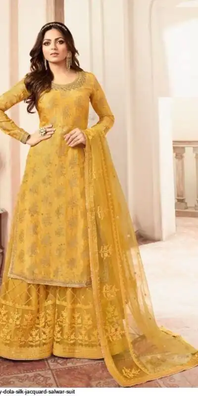 Yellow Georgette Jacquard Diamond Sharara Suit | Jump Suits, Salwar suit, Casual Suits, Creative suits, Designer Suits, Palazzo Suits, Party Wear Suits, Patiala Suits, Straight Suits