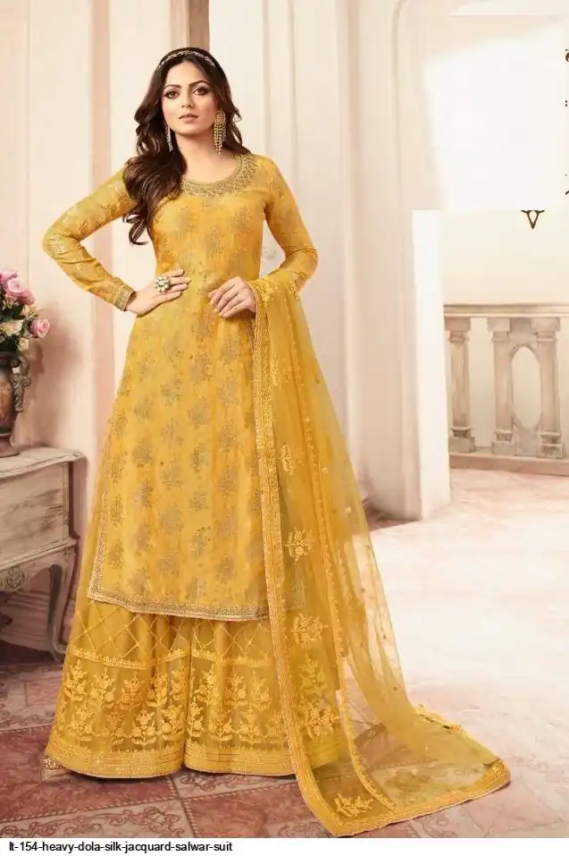 Yellow Georgette Jacquard Diamond Sharara Suit | Jump Suits, Salwar suit, Casual Suits, Creative suits, Designer Suits, Palazzo Suits, Party Wear Suits, Patiala Suits, Straight Suits
