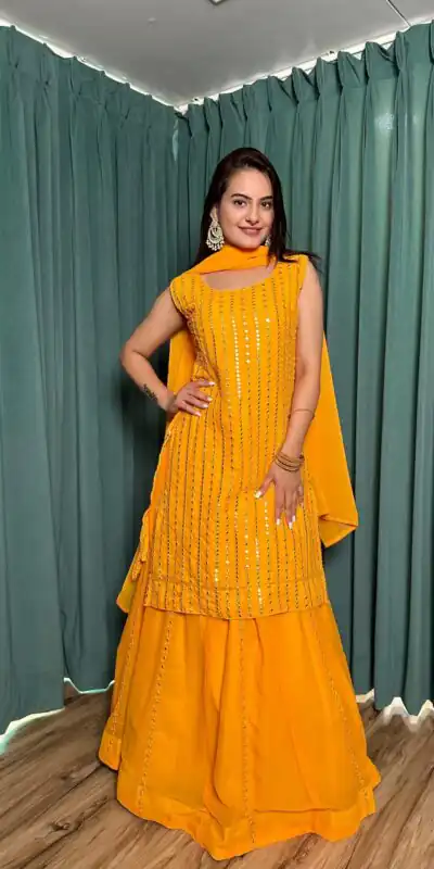 Yellow Georgette Mirror Work Lehenga Choli | Lehenga, Bollywood Lehenga, Creative Lehenga, Designer Lehenga, Embroidered Lehenga, Party Wear Lehenga