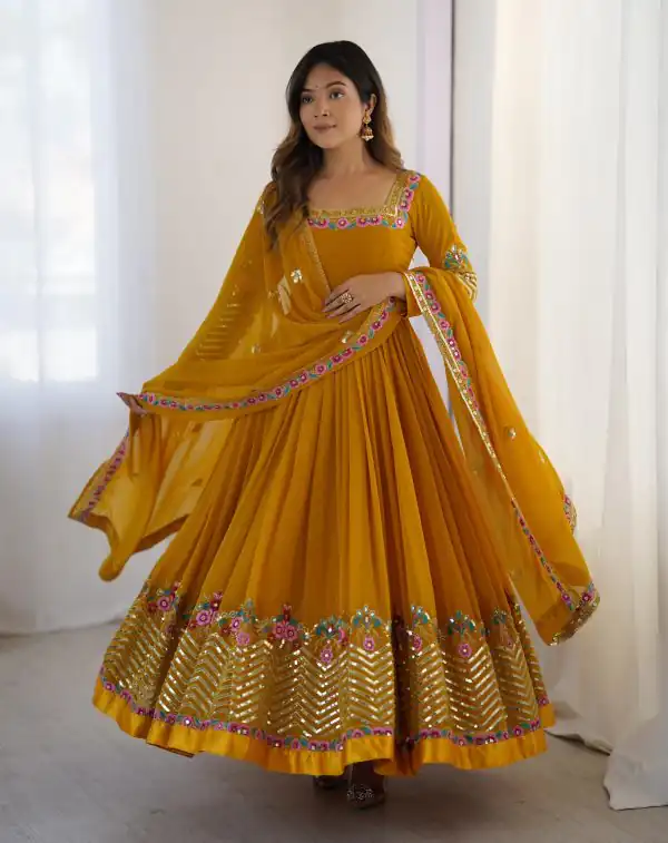 Yellow Georgette Multi Thread Work Gown | Jump Suits, Salwar suit, Casual Suits, Creative suits, Designer Suits, Palazzo Suits, Party Wear Suits, Patiala Suits, Straight Suits