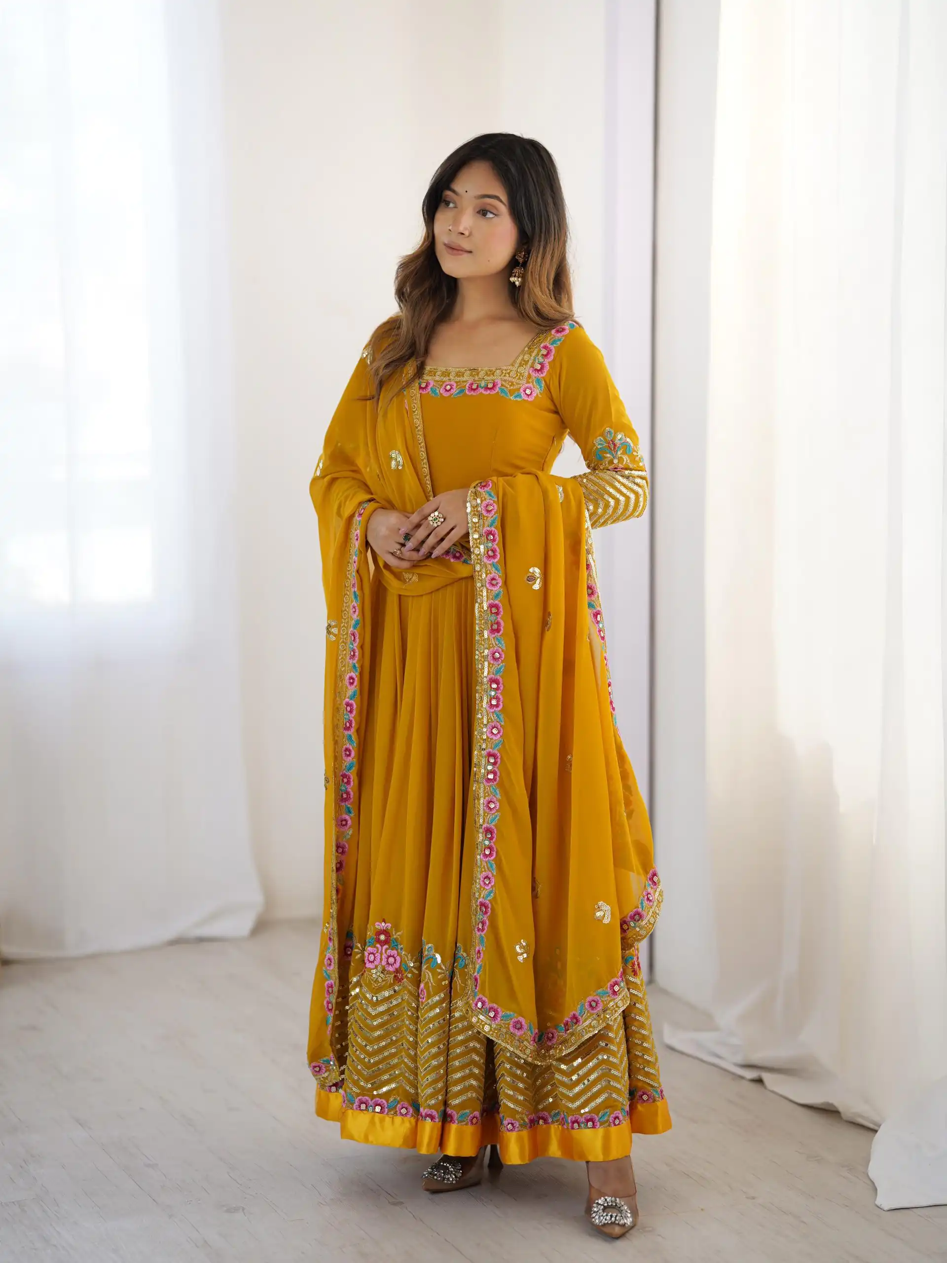 Yellow Georgette Multi Thread Work Gown | Jump Suits, Salwar suit, Casual Suits, Creative suits, Designer Suits, Palazzo Suits, Party Wear Suits, Patiala Suits, Straight Suits
