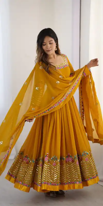 Yellow Georgette Multi Thread Work Gown | Jump Suits, Salwar suit, Casual Suits, Creative suits, Designer Suits, Palazzo Suits, Party Wear Suits, Patiala Suits, Straight Suits