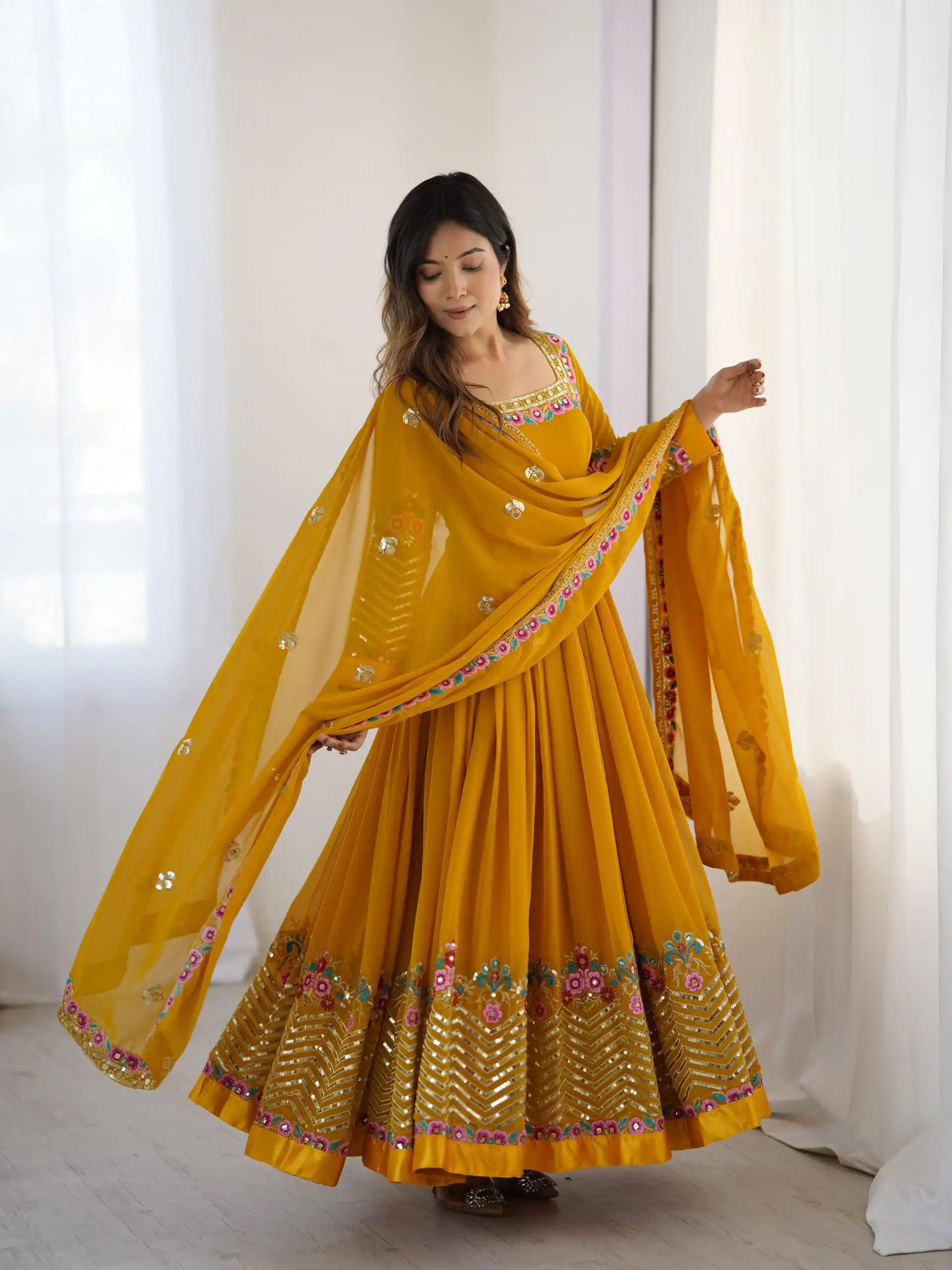 Yellow Georgette Multi Thread Work Gown | Jump Suits, Salwar suit, Casual Suits, Creative suits, Designer Suits, Palazzo Suits, Party Wear Suits, Patiala Suits, Straight Suits